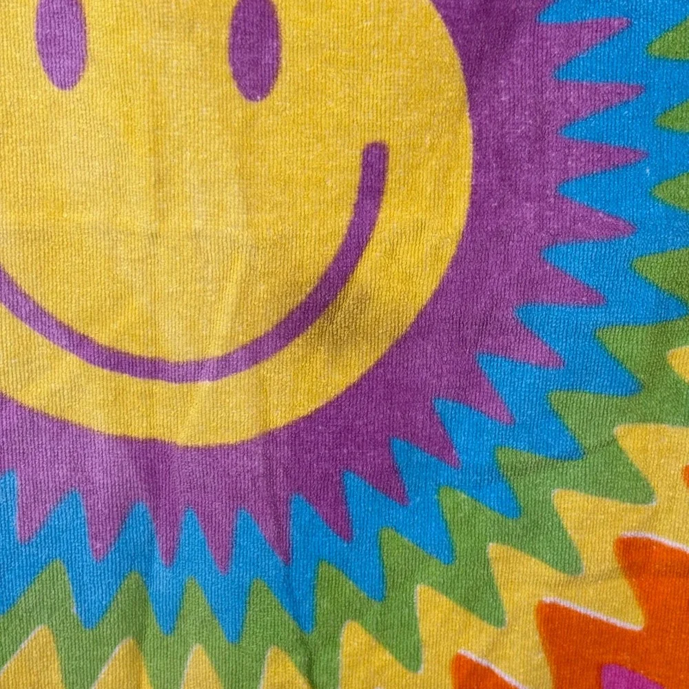 VTG Retro Groovy Rainbow Smiley Face Beach Towel Drawstring Bag‎ Pink 100 Cotton